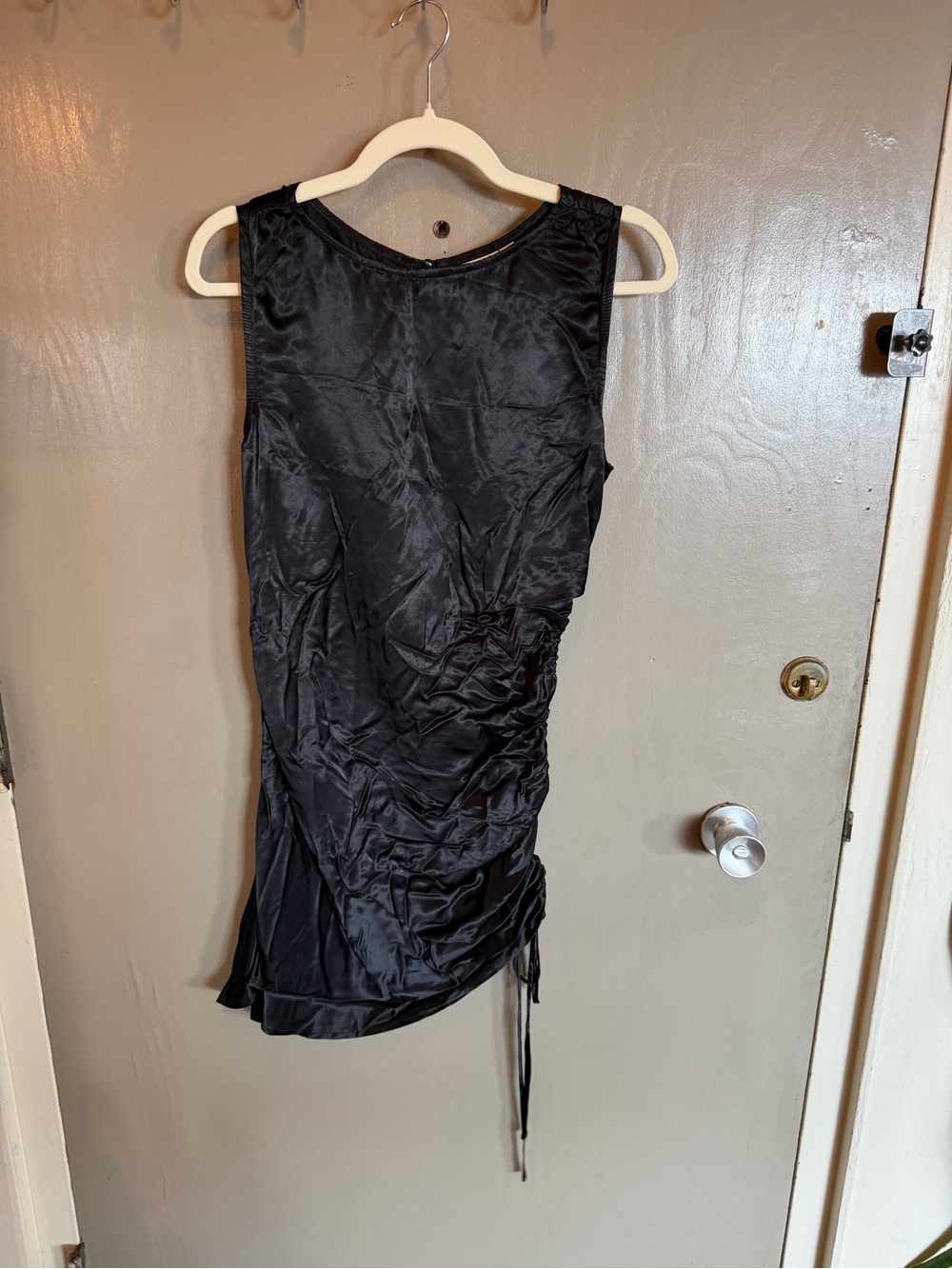 VRG GRL Sleeveless Black Ruched Satin Dress